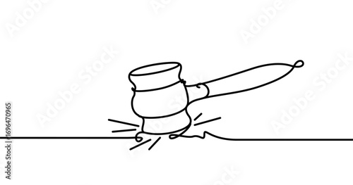 Judge's gavel, continious line drawing. Court, lawyer, justice outline. Vector illustration.