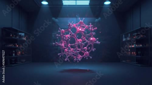 Advanced research laboratory contains a mysterious glowing pink biological specimen, a groundbreaking yet dangerous scientific discovery