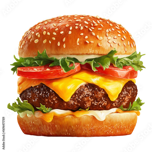 Classic Beef Cheeseburger with Lettuce, Tomato, and Sesame Bun Isolated on Transparent Background