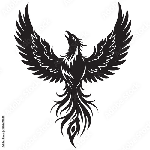 Stylized Black Phoenix Bird Silhouette with Spread Wings