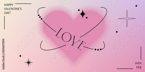 Happy Valentine's Day banner.Typography horizontal poster. Trendy aesthetic with gradient blurred background. Design for social media marketing, branding, packaging. Minimal blur y2k design