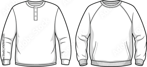 Fashion design flat sketches of two long sleeve tops one henley and one sweatshirt drawing