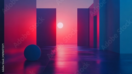 Abstract surreal corridor with a sphere and a bright sunset at the end