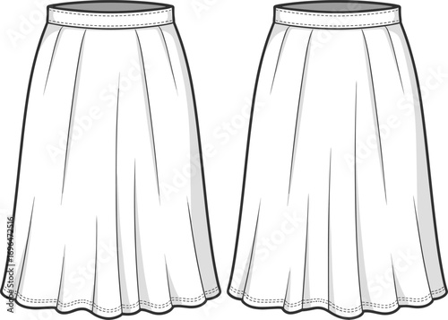Fashion design flat sketches of two white pleated skirts front and back views drawing