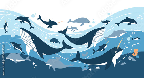 Oceanic symphony a whimsical gathering of majestic marine mammals in blue waves