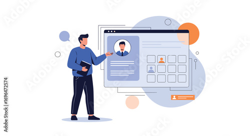A person interacting with a digital profile interface on a screen demonstrating user data management