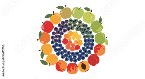 A vibrant spiral arrangement of fresh fruits showcasing a spectrum of colors and textures