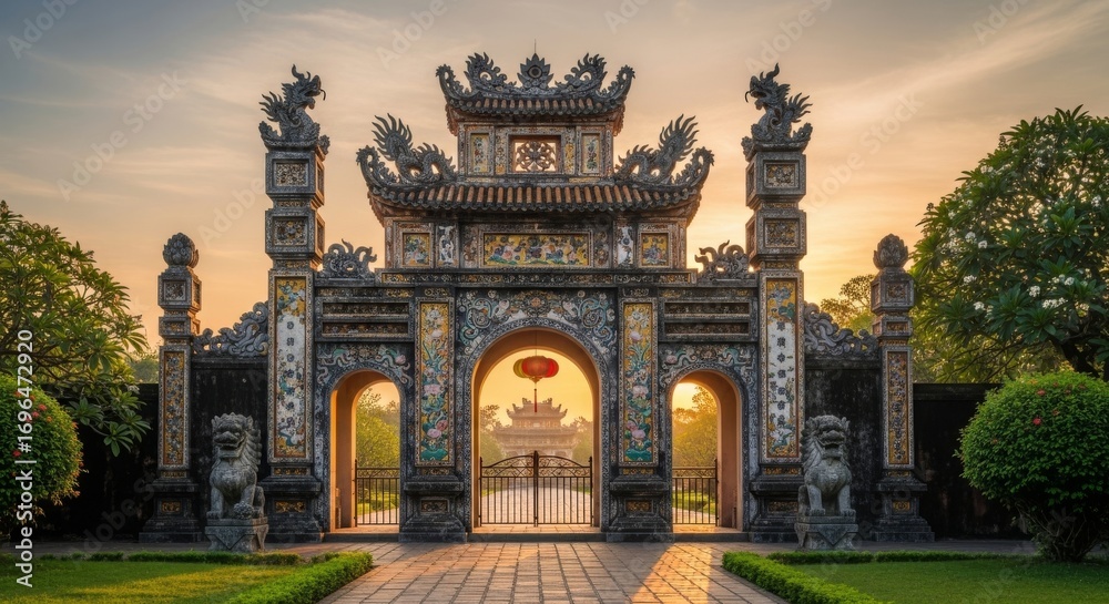 Fototapeta premium Ornate Asian Gate at Golden Hour with Intricate Dragon Decor