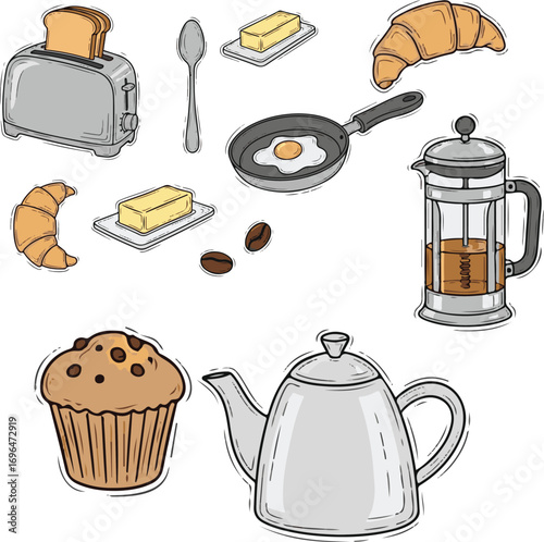 A collection of isolated kitchen utensils and tools with a teapot and mug set for a hot beverage