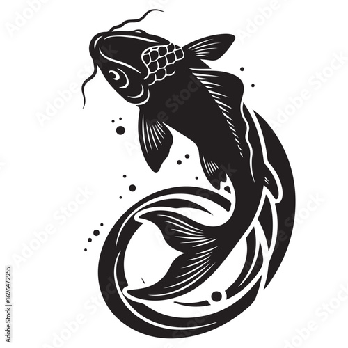 Stylized Black and White Japanese Koi Fish Graphic Design