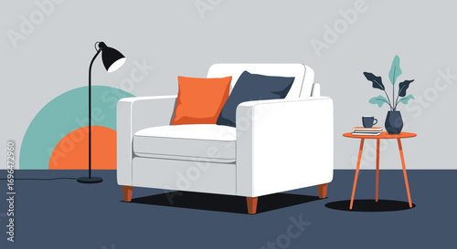 Cozy living room scene with modern armchair and decorative elements creating a relaxing atmosphere