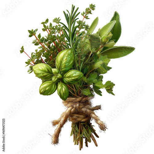 Fresh Herb Bouquet with Basil, Rosemary, Thyme, and Parsley Isolated on Transparent Background