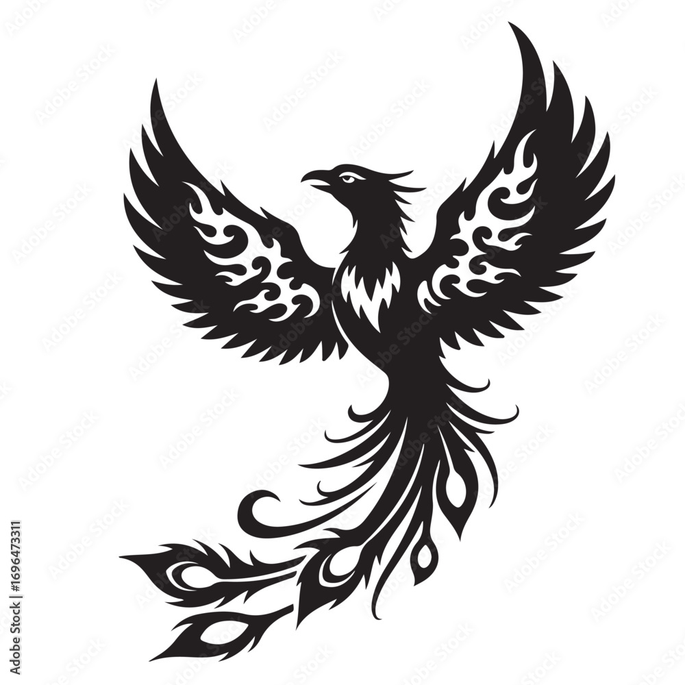 Fototapeta premium Stylized Phoenix Bird Silhouette with Spread Wings and Flowing Tail Design