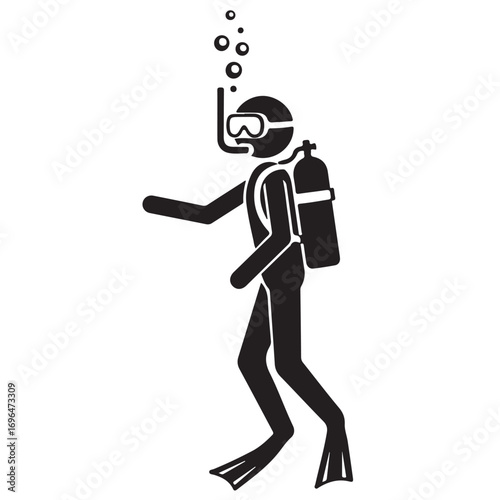Black Silhouette Icon of a Scuba Diver with Mask, Snorkel, Air Tank, and Fins Emitting Bubbles