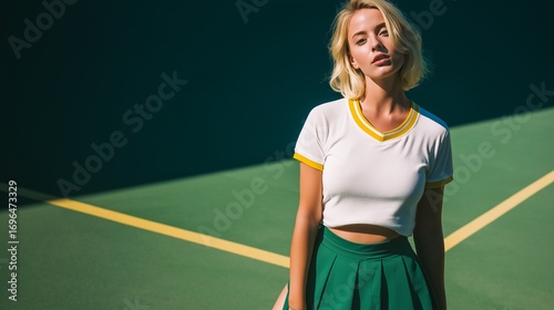 Sports pictorial. An active photoshoot on a tennis court. Sports magazine. Sports star. AI-generated.