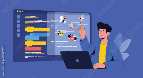 Programmer developing software interacting with animated bugs and insects on a digital screen