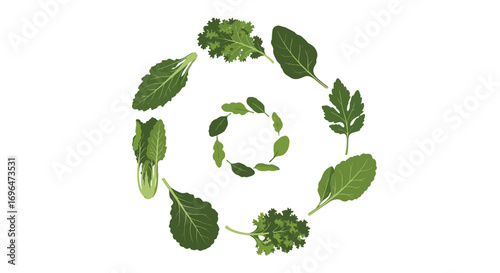 A vibrant arrangement of fresh green leafy vegetables arranged in a circular pattern highlighting natural health and nutrition