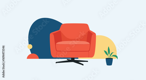 Cozy modern armchair with swivel base and abstract background elements