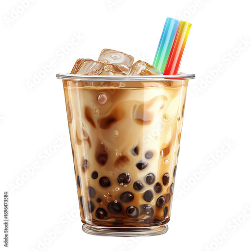 Iced Bubble Milk Tea with Tapioca Pearls and Straws Isolated on Transparent Background