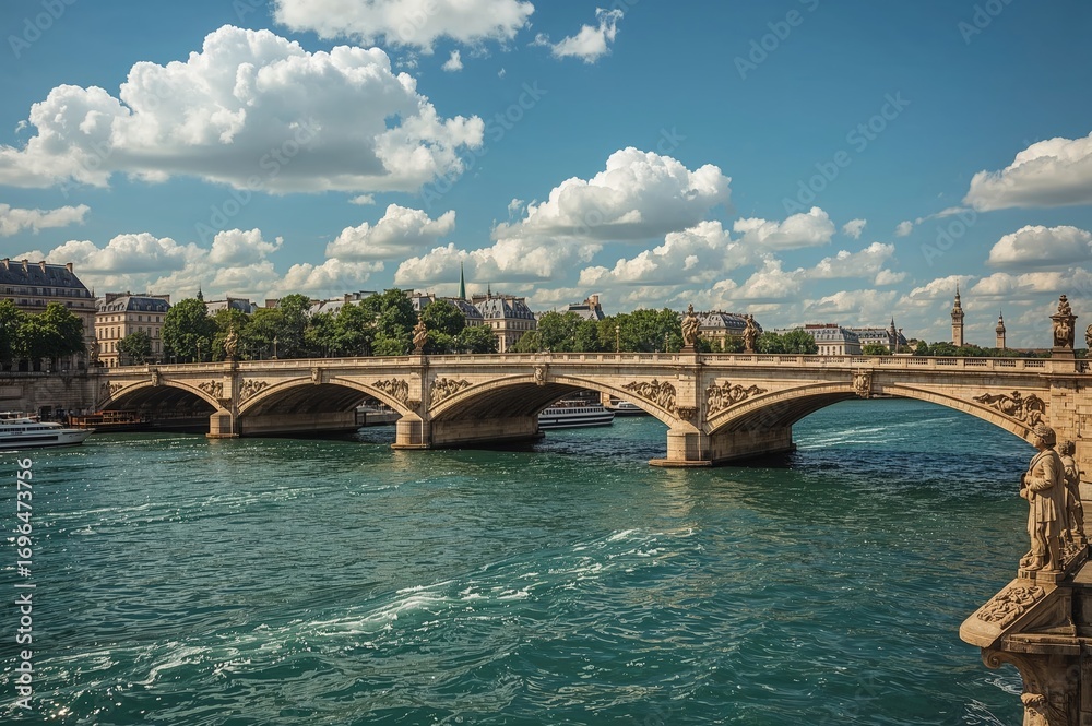 Obraz premium Golden ornate bridge over water on a sunny summer day