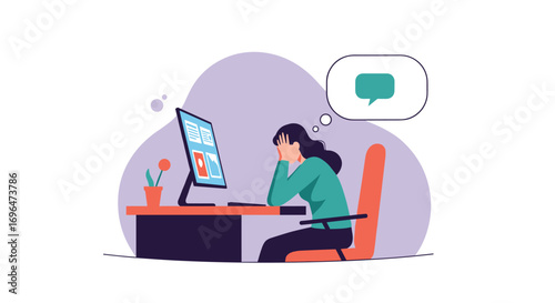 Woman feeling overwhelmed by her workload and staring blankly at her computer screen