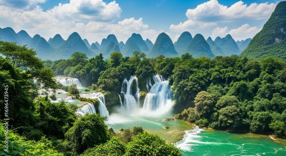 Fototapeta premium Majestic Waterfall Amidst Lush Green Karst Mountains