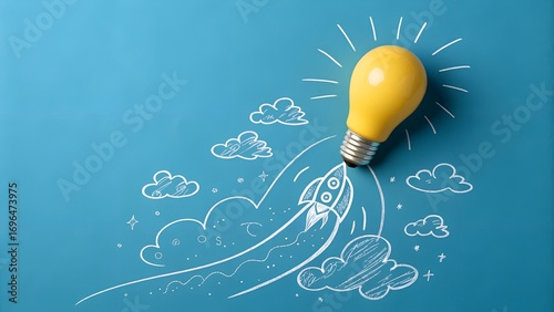 Launch of Insight – Creativity and Innovation in Motion, Light Bulb, Rocket, Chalk Drawing, Blue Background, Conceptual, Inspiration, Business, Growth