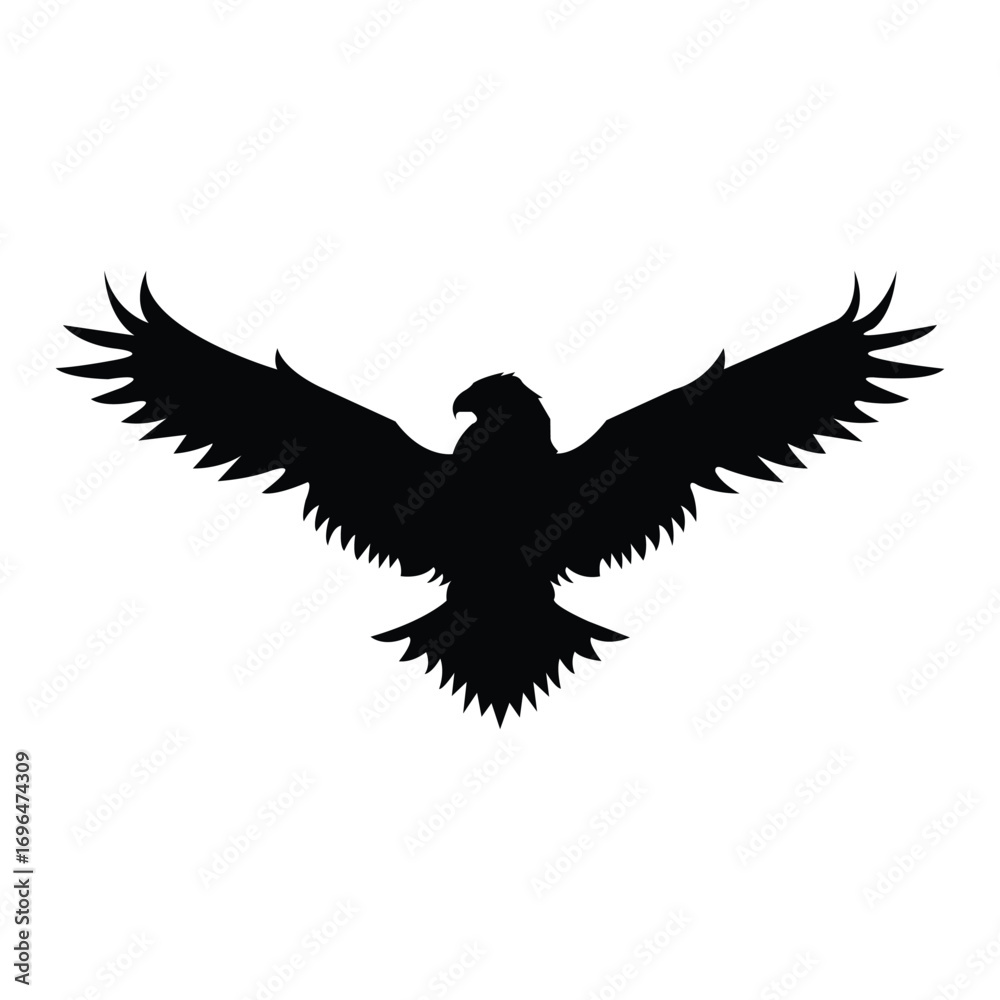 Fototapeta premium Black silhouette of an eagle with wings fully spread, symbolizing freedom, strength, and power. Perfect for logos, tattoos, wildlife designs, patriotic themes, and bold graphic projects.