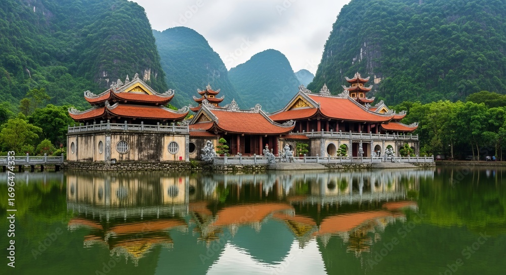 Obraz premium Ancient Asian Temple Reflected in Serene Lake with Mountains