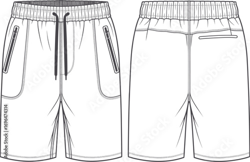 Front and back view fashion flat sketch of men's casual drawstring shorts with zip pockets elastic waistband