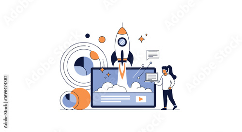 Creative team successfully launching innovative digital marketing campaign with startup rocket launch visualization
