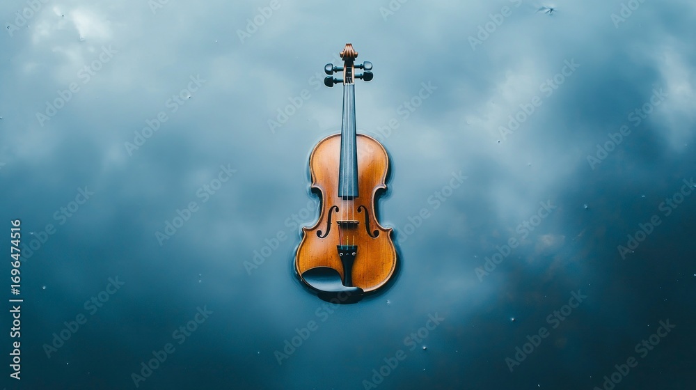 Fototapeta premium Violin on a water surface, clouds above