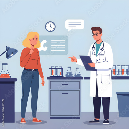 Cartoon doctor lab results show unhappy patient with test tubes in an illustration of medicine