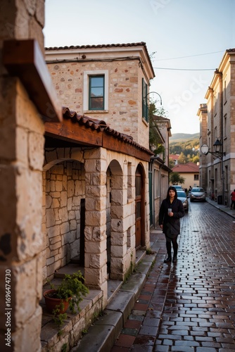 a person walking down a cobblestone street in a small town