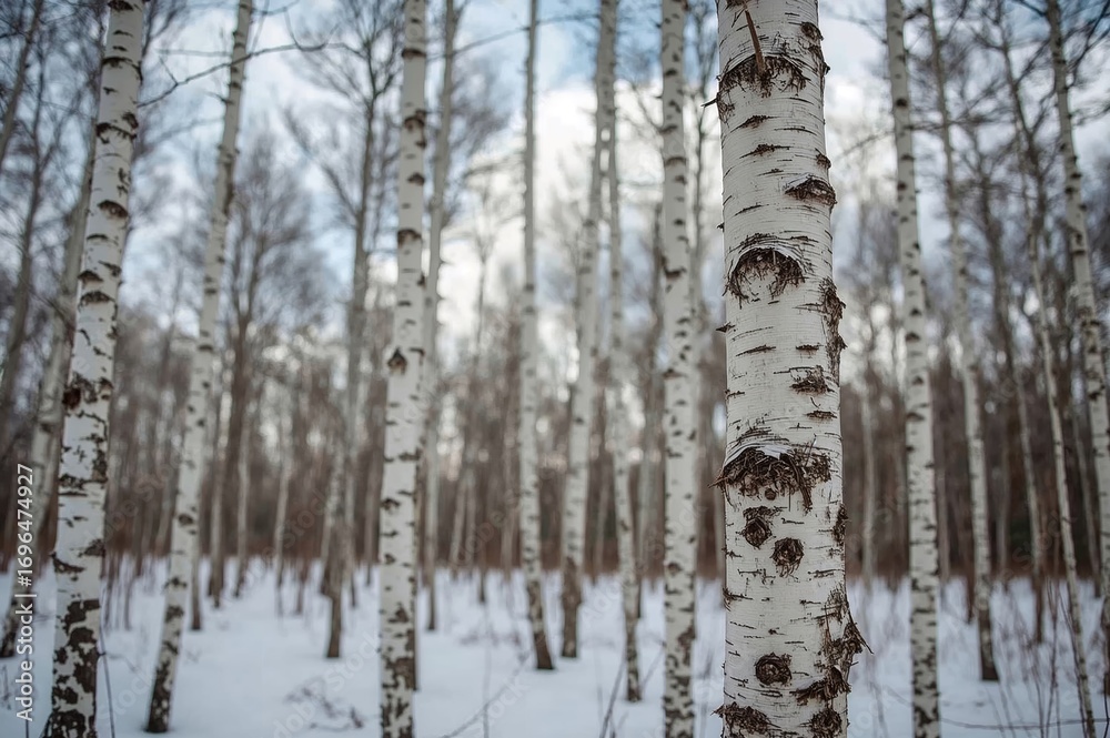 Fototapeta premium Winter forest covered in snow with birch trees