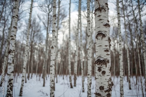 Winter forest covered in snow with birch trees