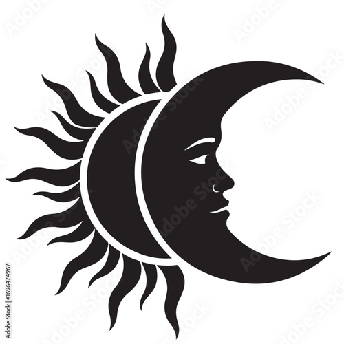 Stylized Black Sun and Moon Silhouette with Human Face Profile