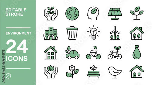 Collection of 24 editable stroke icons representing environmental themes and sustainability Keywords: environment, eco, nature, sustainability, green, ecology, conservation