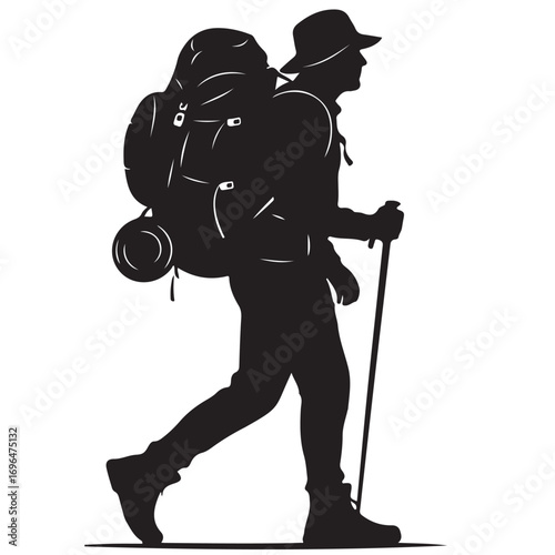 Silhouette of Hiker Walking with Backpack and Trekking Pole