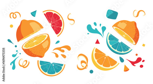 Vibrant citrus fruits slices bursting with refreshing juices and colorful confetti decorations