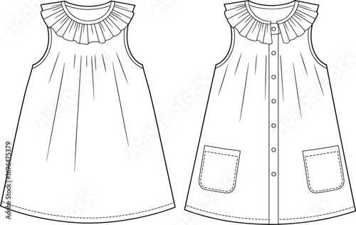 Front and back view of a white sleeveless baby dress with ruffled collar and pockets children's clothing