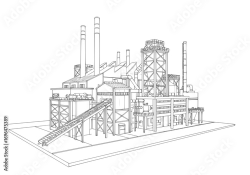 Detailed industrial factory complex with towering smokestacks and intricate machinery, conveying power and production.