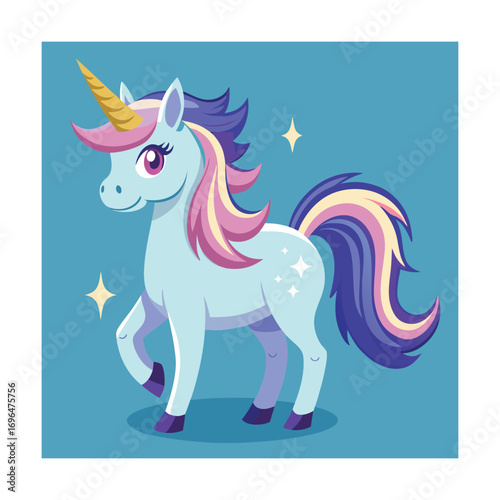Adorable cartoon unicorn with multi-colored mane on blue background