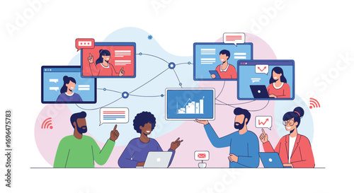 Diverse team collaborates effectively on a digital project sharing ideas through online communication tools