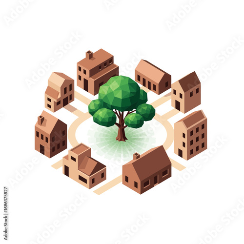 Isometric Community Living App Icon in Earthy Tones