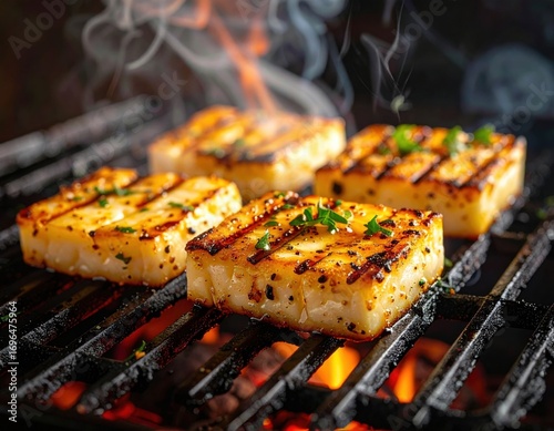 Grilled halloumi cheese with herbs cooking on a barbecue grill.