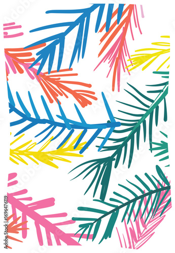 Pattern with colorful pine branches. Abstract botanical illustration. Concept of Christmas and winter holiday decoration. Design for wallpaper, textile, posters, greeting cards and invitations.
