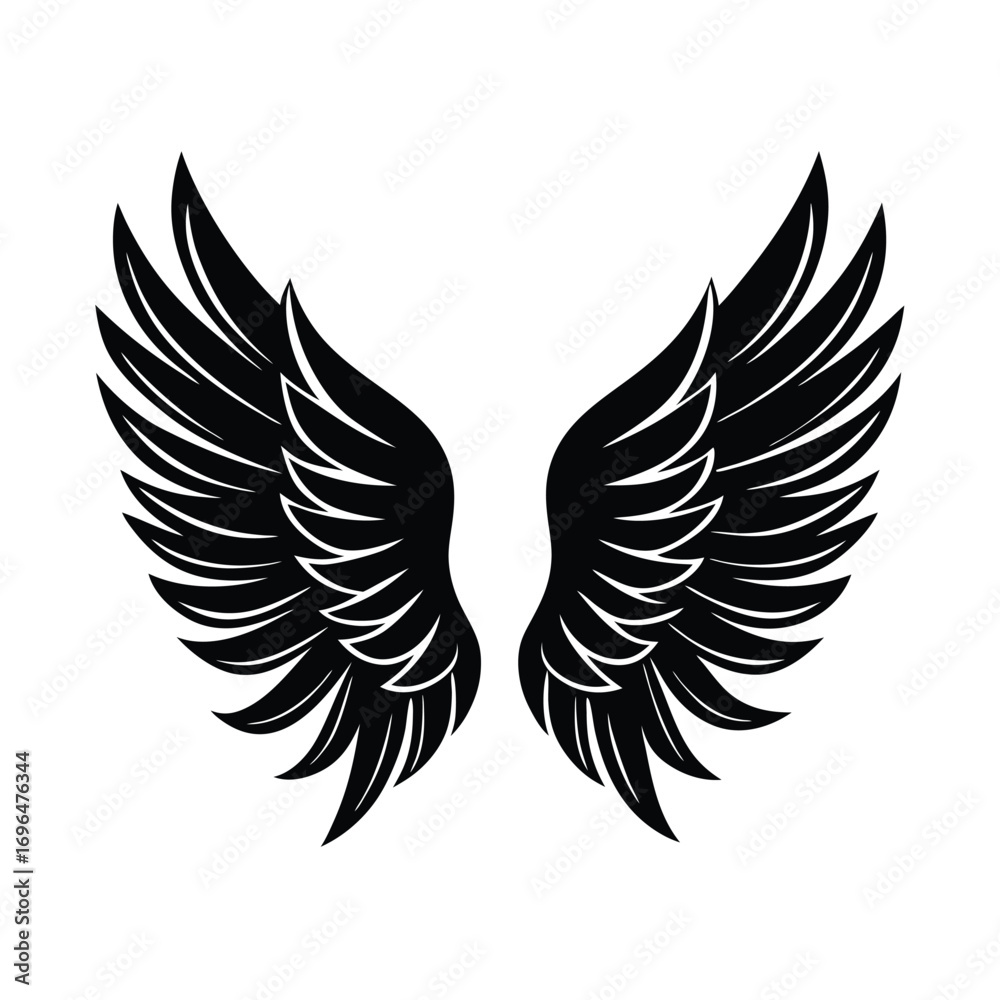 Obraz premium Black Silhouette of Symmetrical Feathered Wings white background