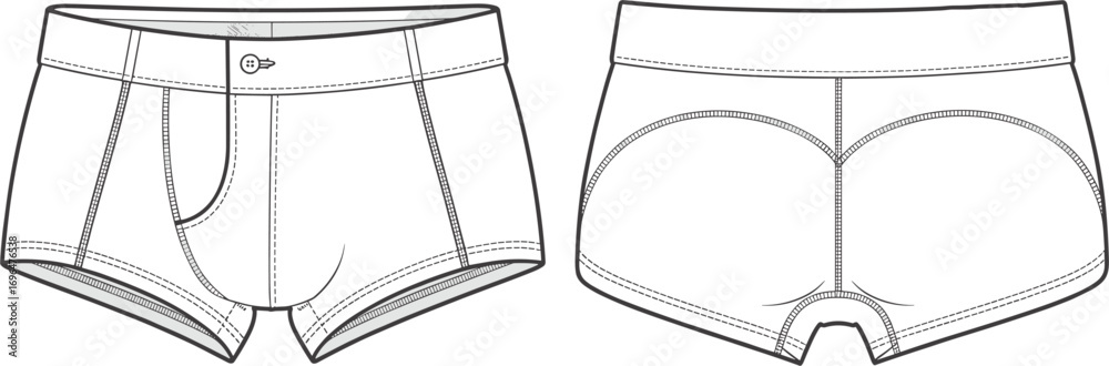 Fototapeta premium Front and back view of boxer briefs with button fly and contoured seat Keywords: boxer briefs, underwear, briefs, garment