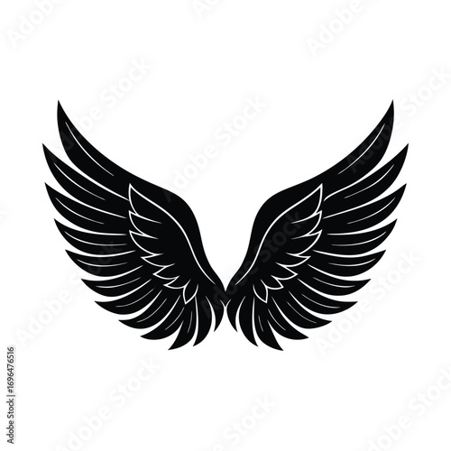 Black Wing Symbol with Feather Details Keywords: wings, angel, silhouette, black, white